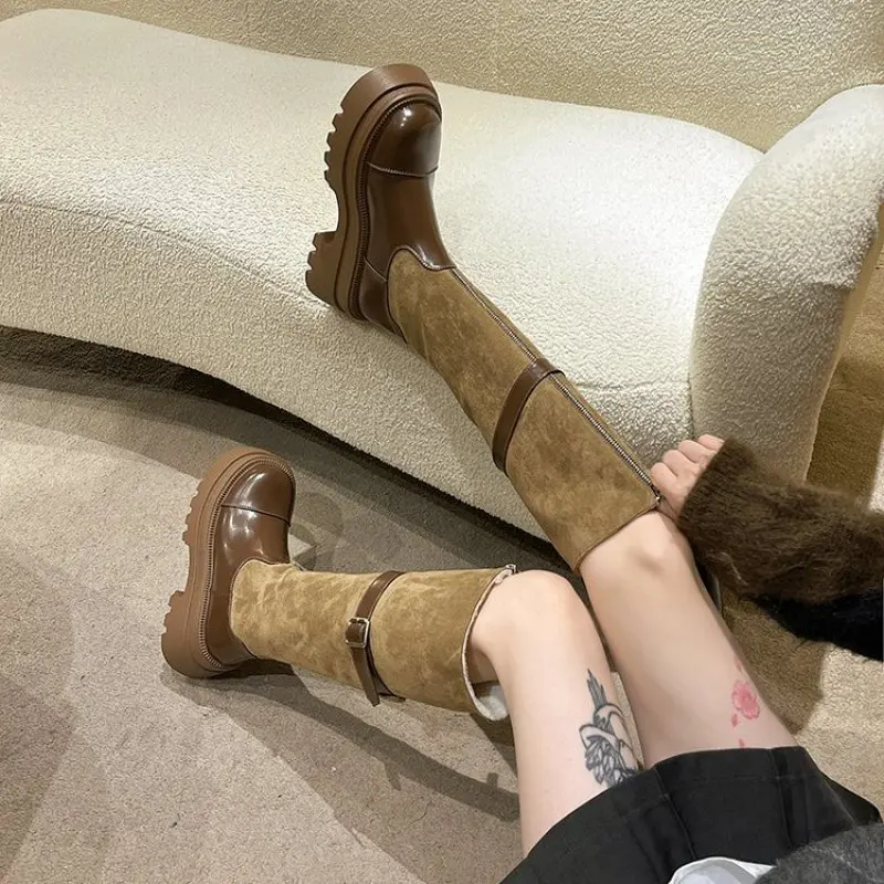 2024 Autumn Winter New Color But Knee Slim High Platform Knight Female Boots Fashion Retro Front Zipper Thigh-high Boots Fashion