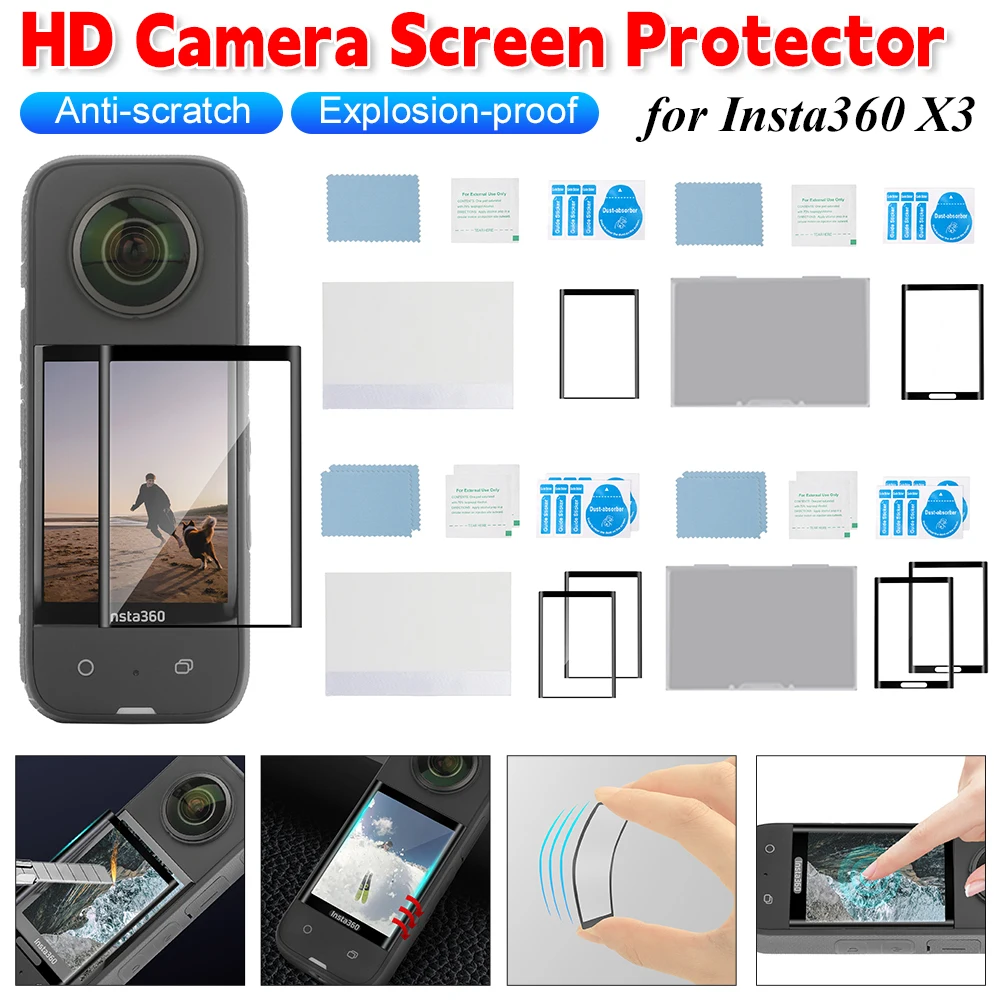 HD 카메라 스크린 보호대 안티 스크래치 액션 카메라 렌즈 보호대, 방폭 곡선 보호 필름 키트, Insta360 X3 용