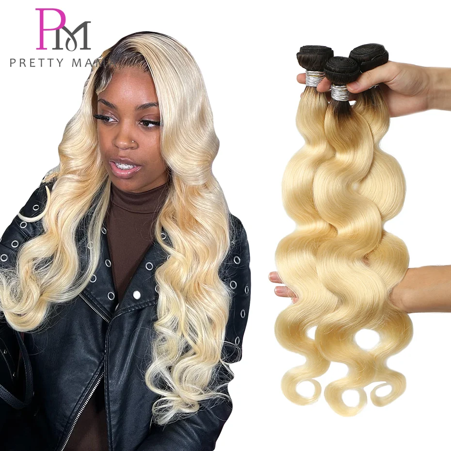 Body Wave Bundles Human Hair Brazilian Weaving Dark Roots 1B 613 Ombre Blonde 1 3 4 Bundles Deal 30 32 Inch Remy Hair Extensions