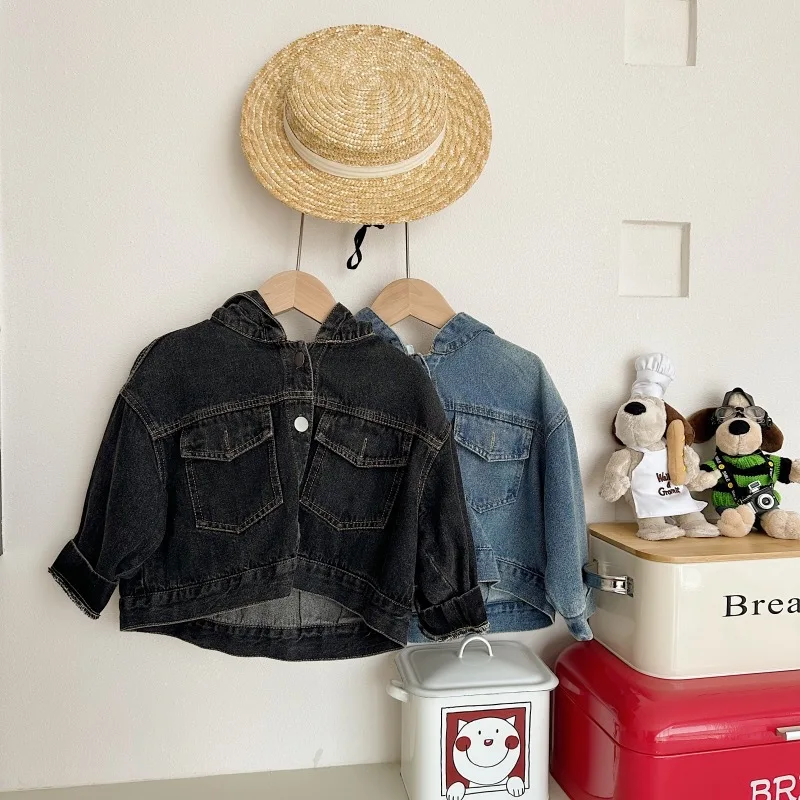 Childrens Clothing 2023 Spring New Korean Style Boys and Girls Hooded Denim Jacket Short Children Denim Clothing
