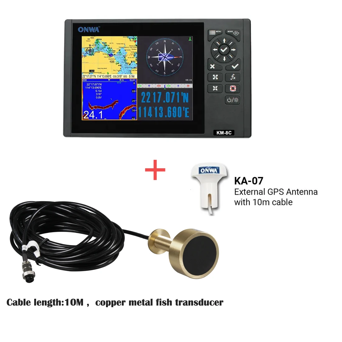 ONWA KM-8C 8-inch GPS Chart Plotter with GPS Fish Finder/depth sounder/Echo sounder (supports Expanded Features)+fish transducer