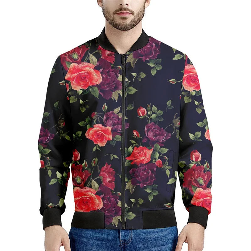 thumbnail image 1 of Chaqueta con cremallera y estampado de flores de rosas para hombre, abrigo con estampado floral en 3D de plantas, chaquetas informales de gran tamaño, ropa de calle, mangas largas, 1 of 4