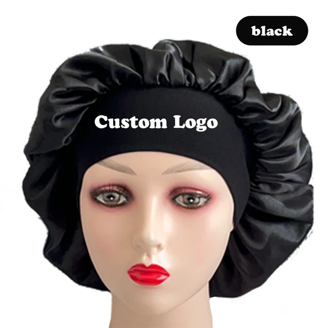 20Pcs Custom Logo Satin Bonnet Black Plain Hair Bonnets With 6Cm
