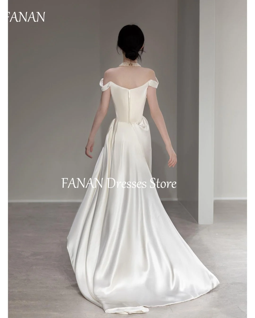 FANAN Korea Sheath Ivory Off the Shoulder Wedding Dresses Satin Backless Hi-Lo 웨딩드레스  Ruched Customized Bride Gowns Plus Size 2