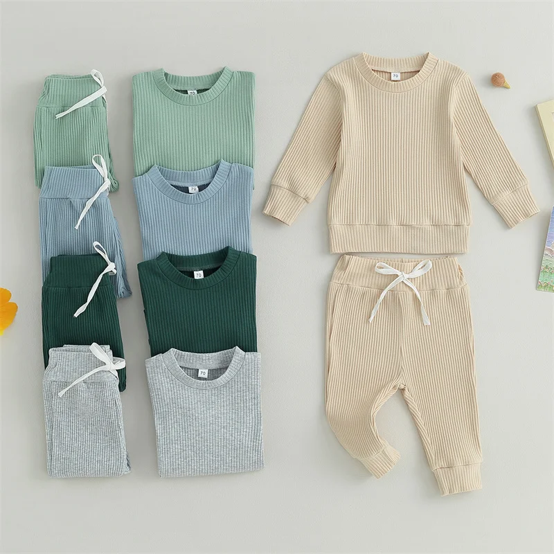 

0-24 Months Newborn Baby Casual Ribbed Outfits Fall Spring Solid Color Boys Girls Long Sleeve T-shirts Elastic Waist Pants Set