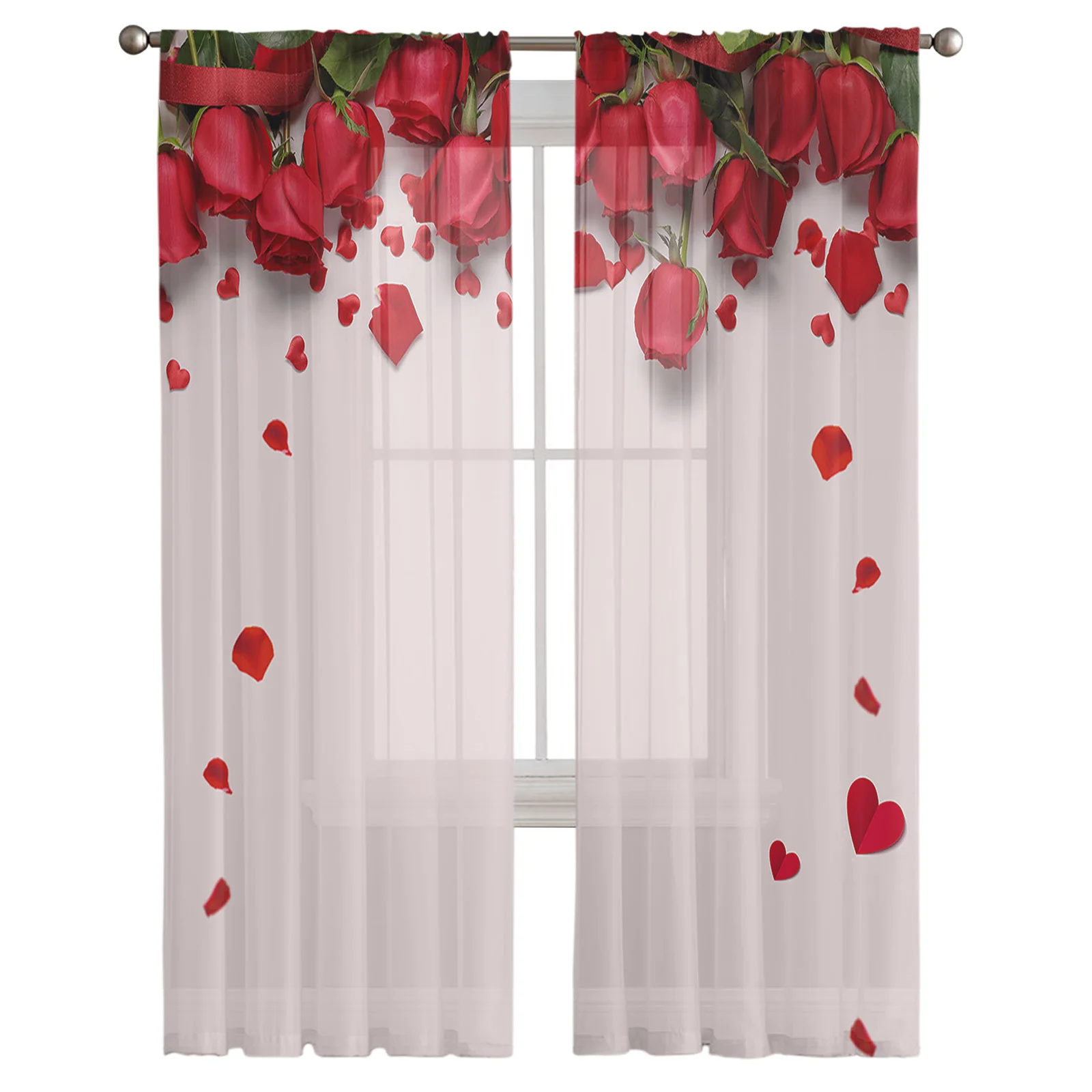Red Rose Flower Chiffon Sheer Curtains for Living Room Bedroom Home Decoration Window Voile Tulle Curtain Drapes