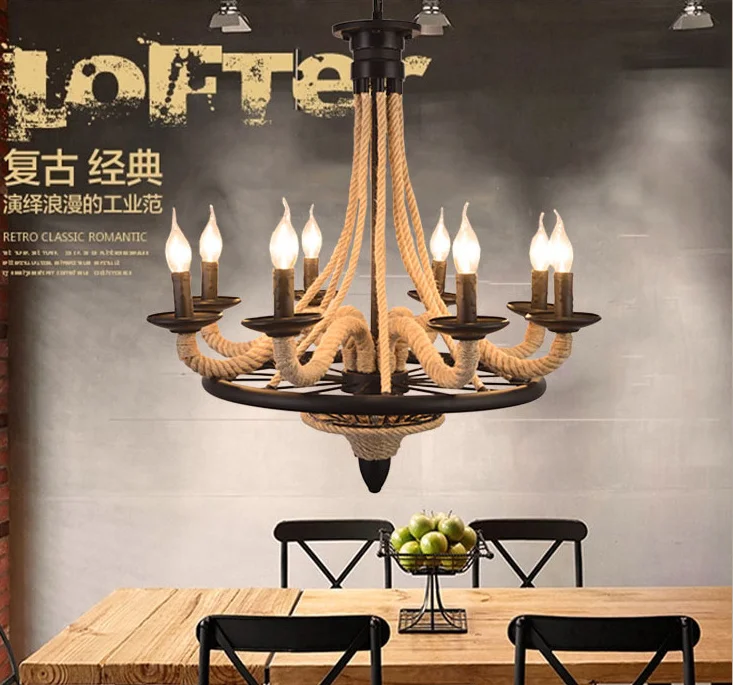 Vintage Hemp Rope Chandelier Lighting Fixture Living Room Hanging Lamps Retro American Industrial Light Home Decoration Room