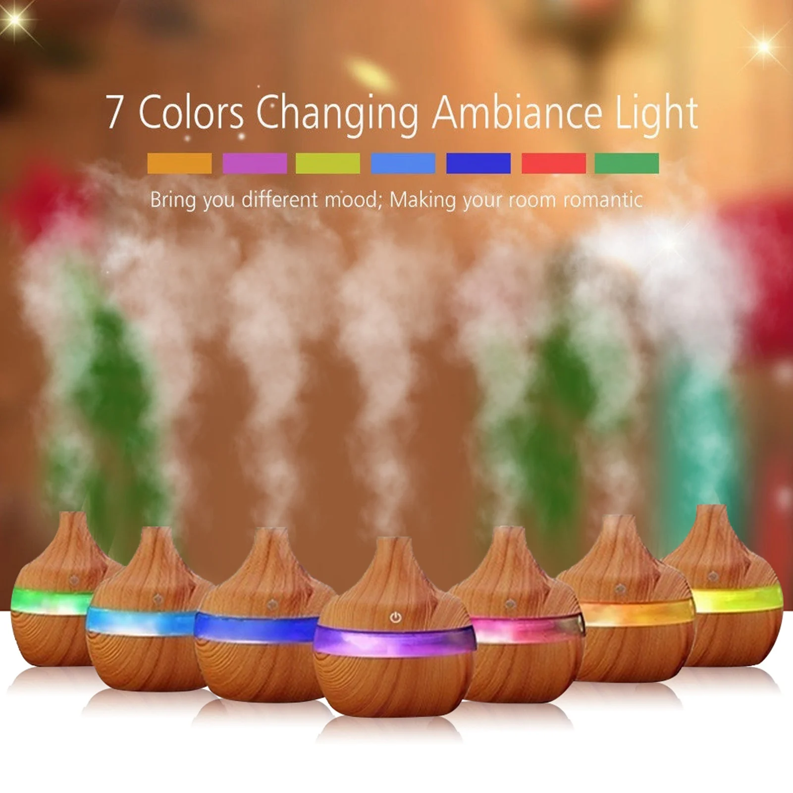 300ml Air Purifier Humidifier LED Touch Humidifier USB LED Touch Wood Grain Air Humidifier Purifier Oil Diffuser 3