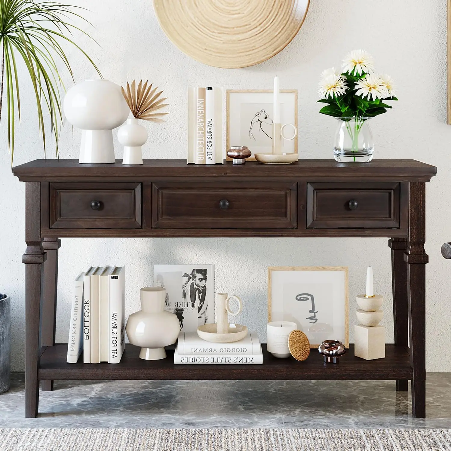 

Lostcat 50" Console Table with 3 Drawers, Retro Entryway Table with Storage and Bottom Shelf, Narrow Long Sofa Table