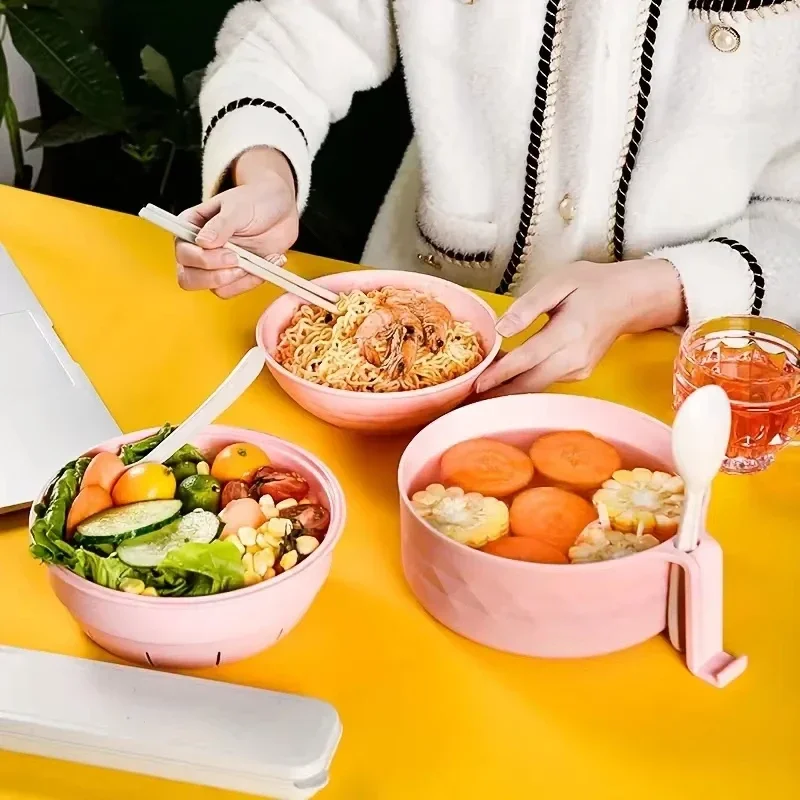 Microwave Ramen Bowl With Tableware Large Capacity Environmentally Friendly Wheat Straw Draining Water Bowl Handle Anti-Scalding
