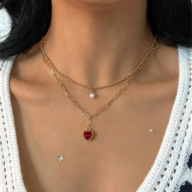 Collares de Acero Inoxidable para Mujer doble cadenas con dije de corazon  cristal roja