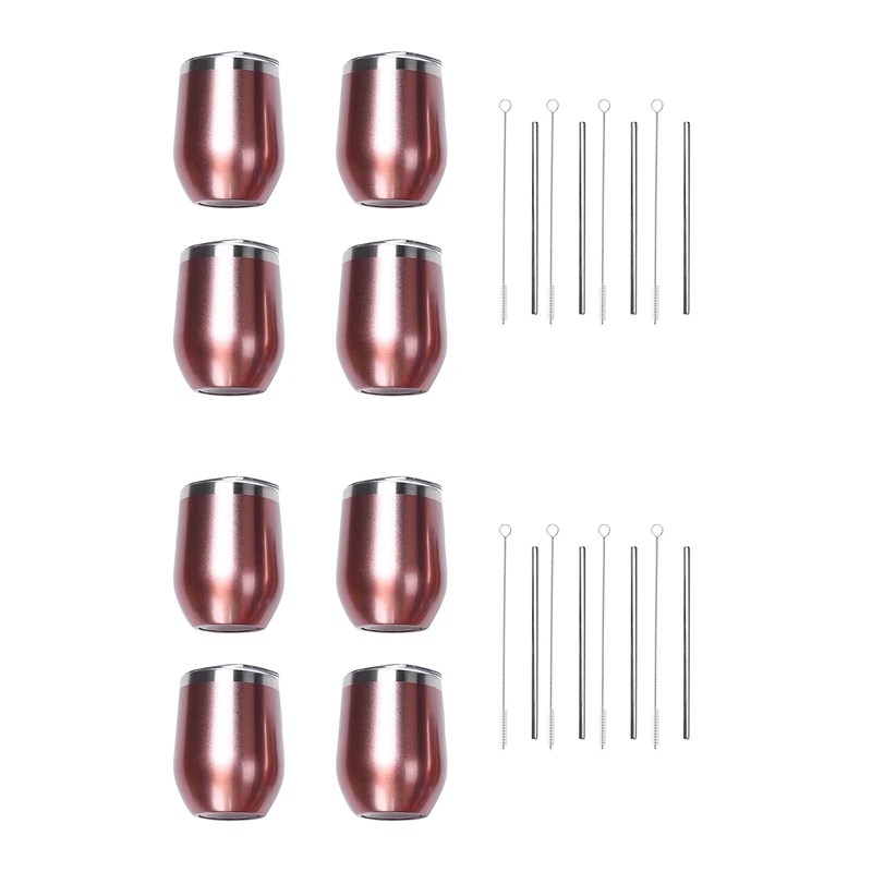 

8 Pack 12 Oz Stainless Steel Stemless Wine Glass/Mug,With 8 Straws Insulated Thermal Wine Tumbler With Lids For Coffee