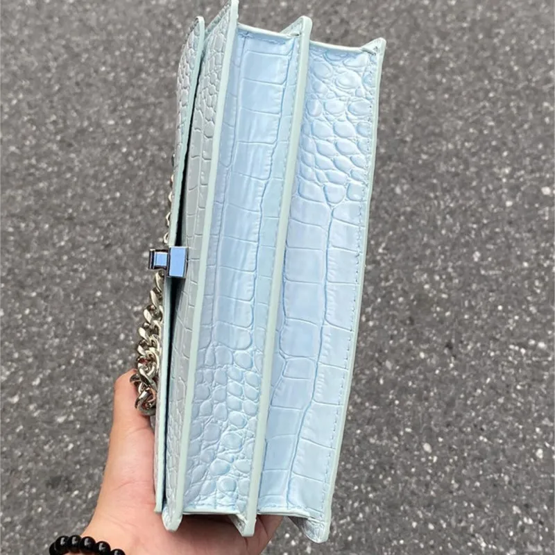Hot Girl Blue Chain Handbag Women Faux Crocodile Pattern Square Large Capacity Shoulder Bags Ladies High End Y2k Crossbody Bag