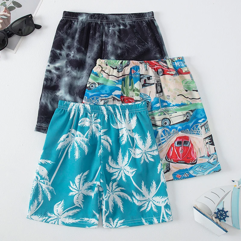 3 Pcs Summer Children's Multi-color Combination Beach Shorts Boys And Girls Leisure Palm Tree 5 Pants Joker Elastic Waist Pants 2