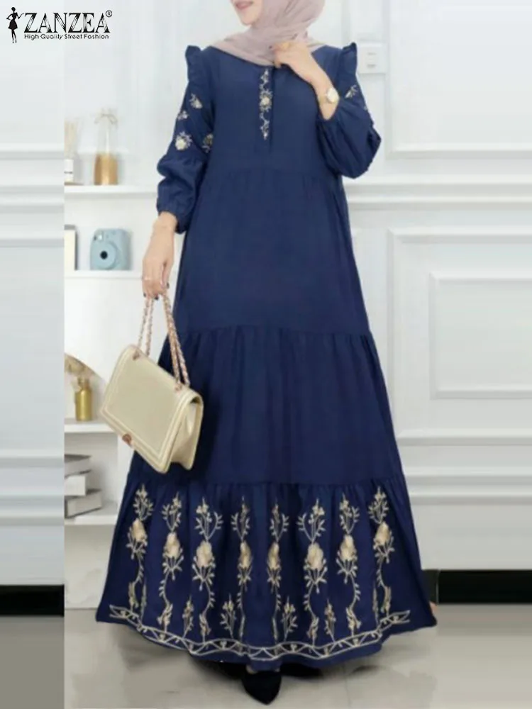 Eid Mubarek 무슬림 원피스 우아한 아바야 잔제 여성 용수철, 긴 소매 꽃 프린트 베스티도, 카프탄 로브, 이맘 의류
