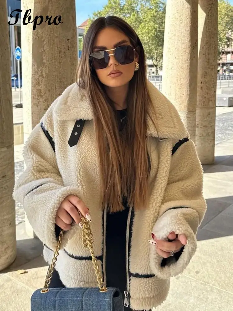 

Loose Vintage Lamb Wool Jacket Women Elegant Stand Collar Long Sleeve Zipper Coat 2023 Winter Chic Female Warm Outerwear