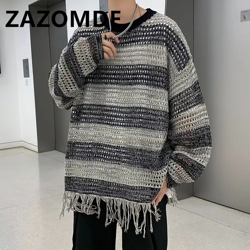 Vintage Knitted Sweater Men Women Harajuku Cotton Pullover Gradient Damaged Sweater Autumn Loose Knitwear Hole Tops Unisex 2023