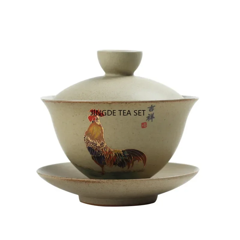150ml traditional Chinese ceramic tea cup handmade tea bowl travel portable hand-painted rooster lid bowl