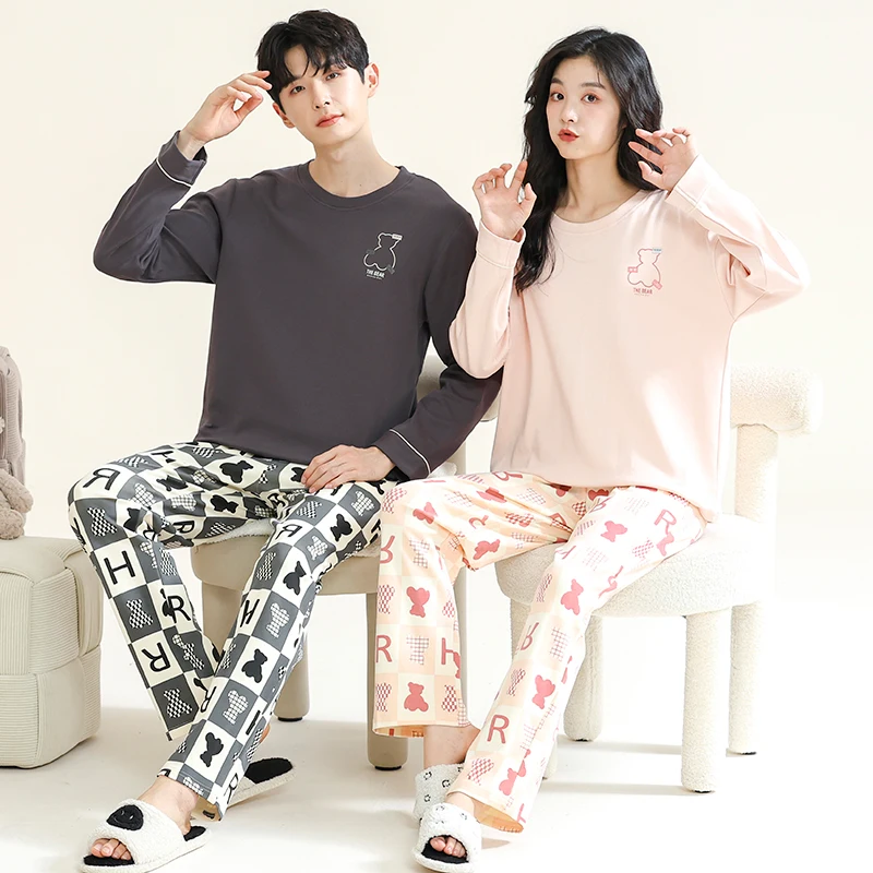 2023 New Cartoon Cute Pajamas Set for Couples Cotton Long Sleeves Sleep Top & Long Pant Spring Nightwear for Men and Women Pjs 2023 cotton pajamas set for couples spring autumn long sleeves sleeping top