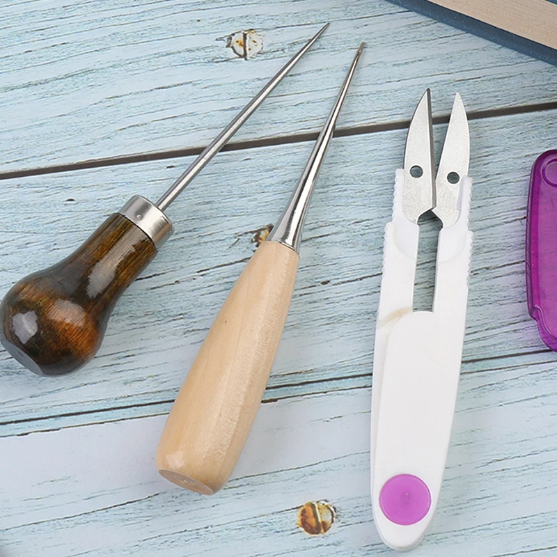 Leather Wood Handle Awl Durable Tools Hand Stitcher Leather Sewing Tools With Sciessor For DIY Craft Tool Set