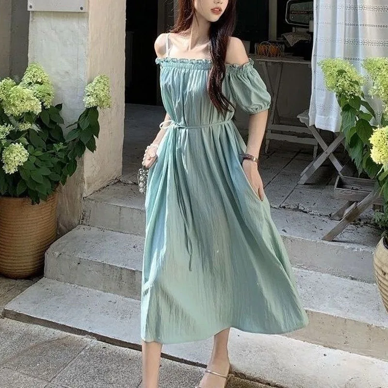 Sweet Spaghetti Strap Midi Dress - Off-Shoulder Beach Vacation Dress