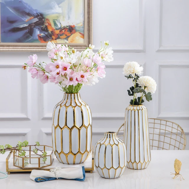 Jarrón de cerámica chapado en oro con forma de Granada, flores artificiales,  decoración de escritorio, artesanías, jarrones florales - AliExpress