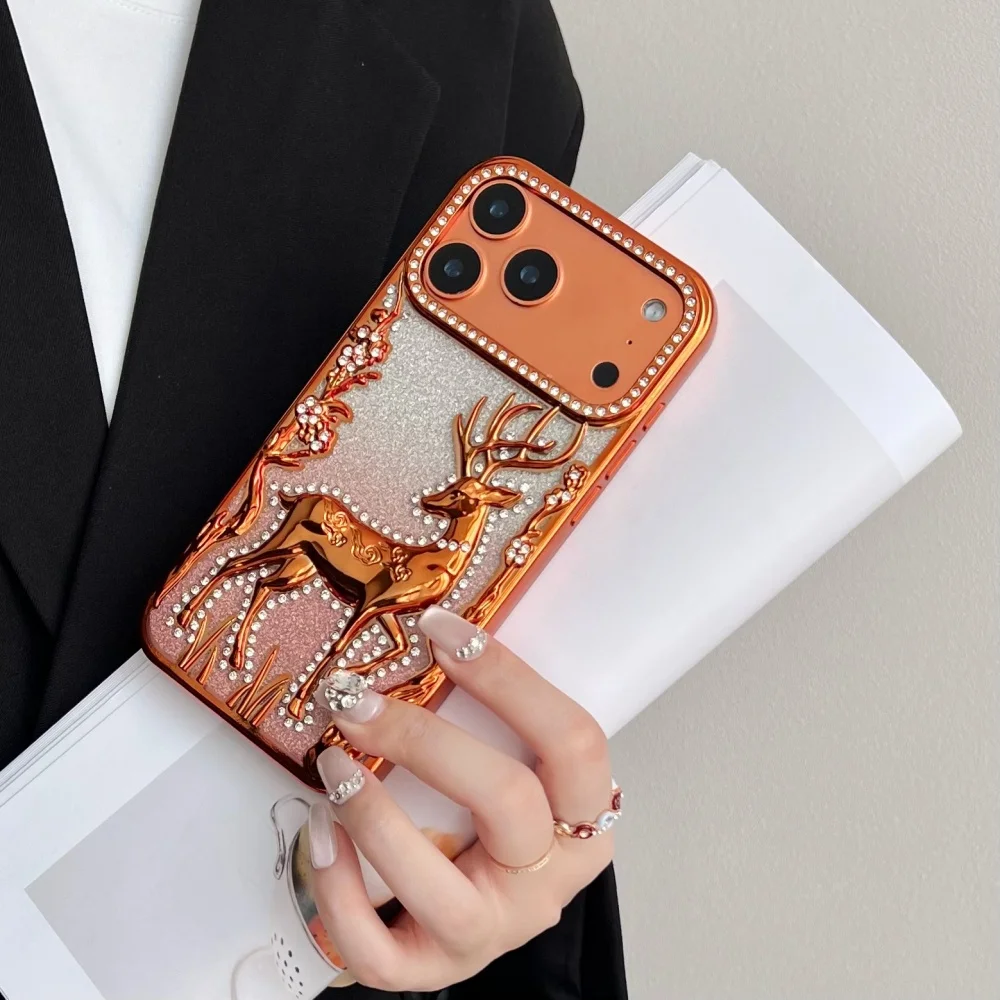Elegant 3D Deer Diamond Glitter Phone Case - Shiny Electroplated Shockproof TPU Cover