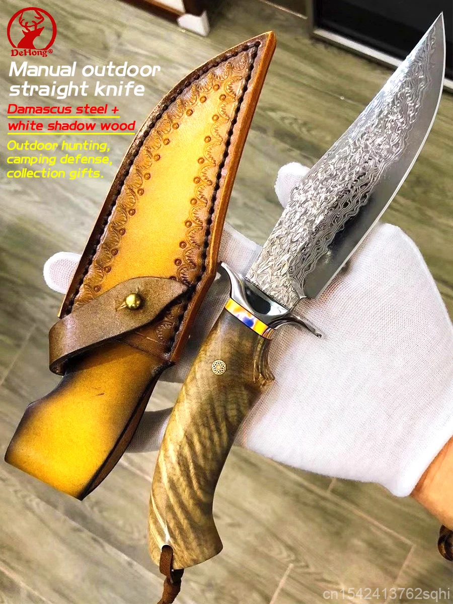 

Hand forged VG10 Damascus Steel Straight knife Outdoor White shadow wooden handle survival Fruit Knife Gift Collection knife