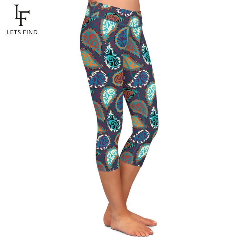 LETSFIND Summer Cashew Flowers Design Printing Capri Leggings High Waist  Mid-Calf 3/4 Stretch Women Casual Leggings