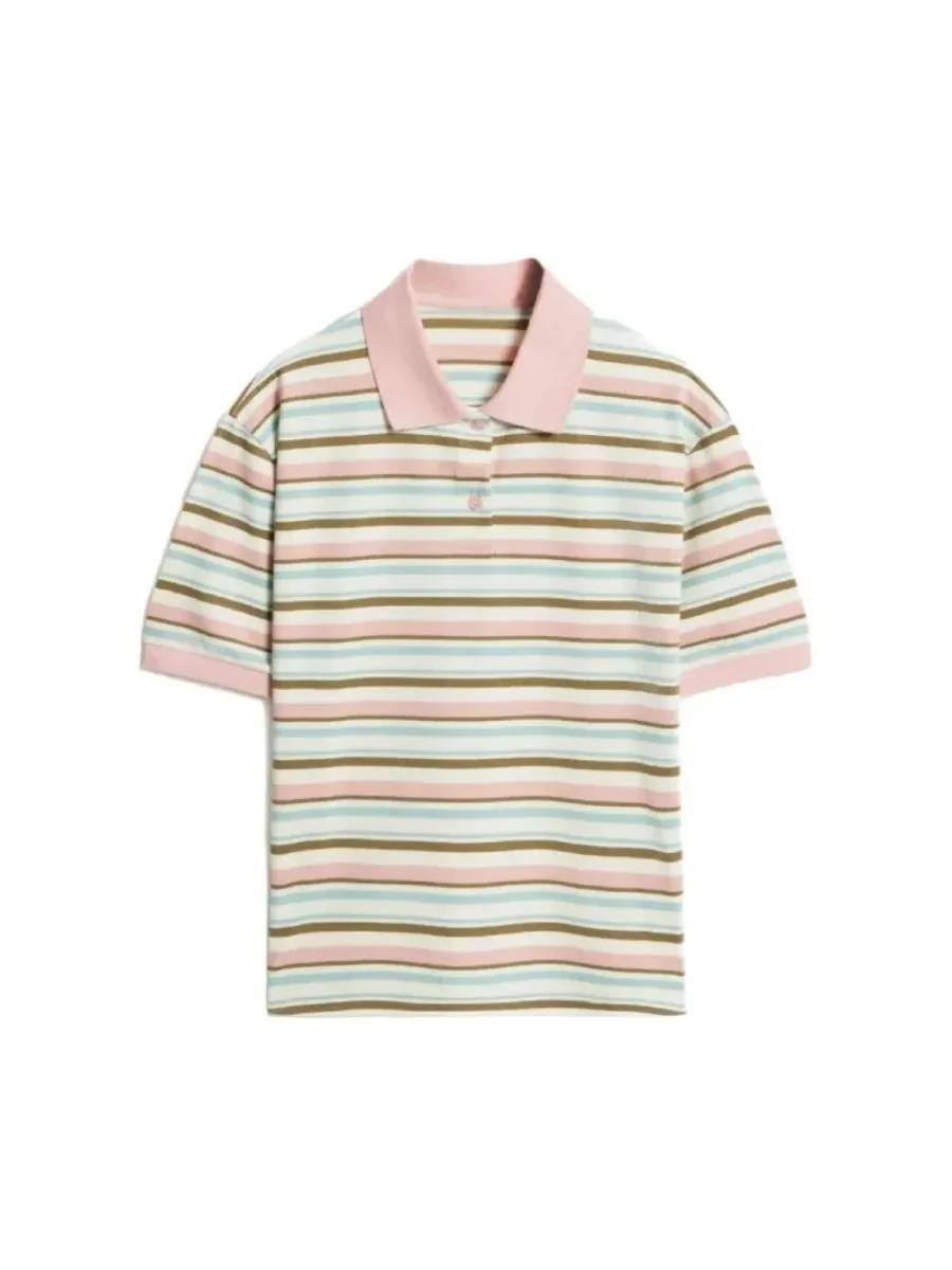 Bornladies Summer 2025 New Women's Retro Striped Polo Short Sleeve T-Shirt Loose Knitted Casual Top - Stylish Flattering Fit