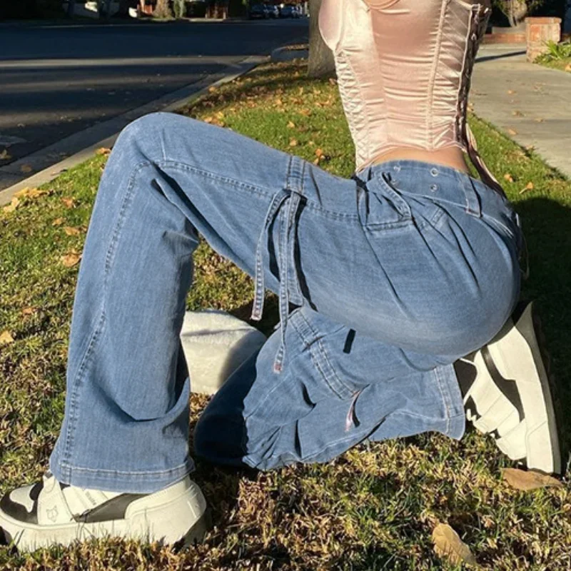 Y2k Street Retro Fashion Jeans Women Midi-waist Sexy Belt Drawstring Casual Straight Pants Women 2023 Patchwork Style Streetwear