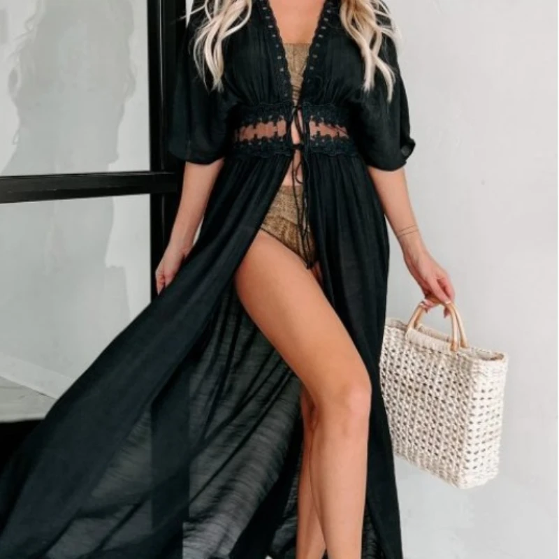 Women\'s Summer Cover-Ups Black Color Sexy Lace Chiffon Beach Swimsuit Cardigan Jacket Bikini Short Sleeve Sun Protection Cloth