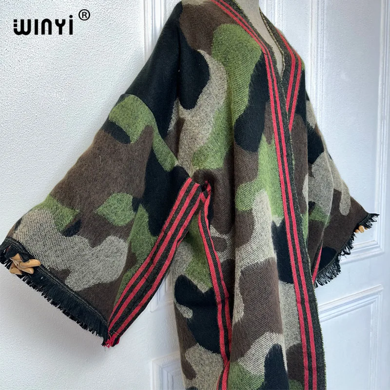 WINYI camouflage colour African women winter kimono long sleeve OverCoat abaya dubai luxury Open Front Long Cardigan party dress 4