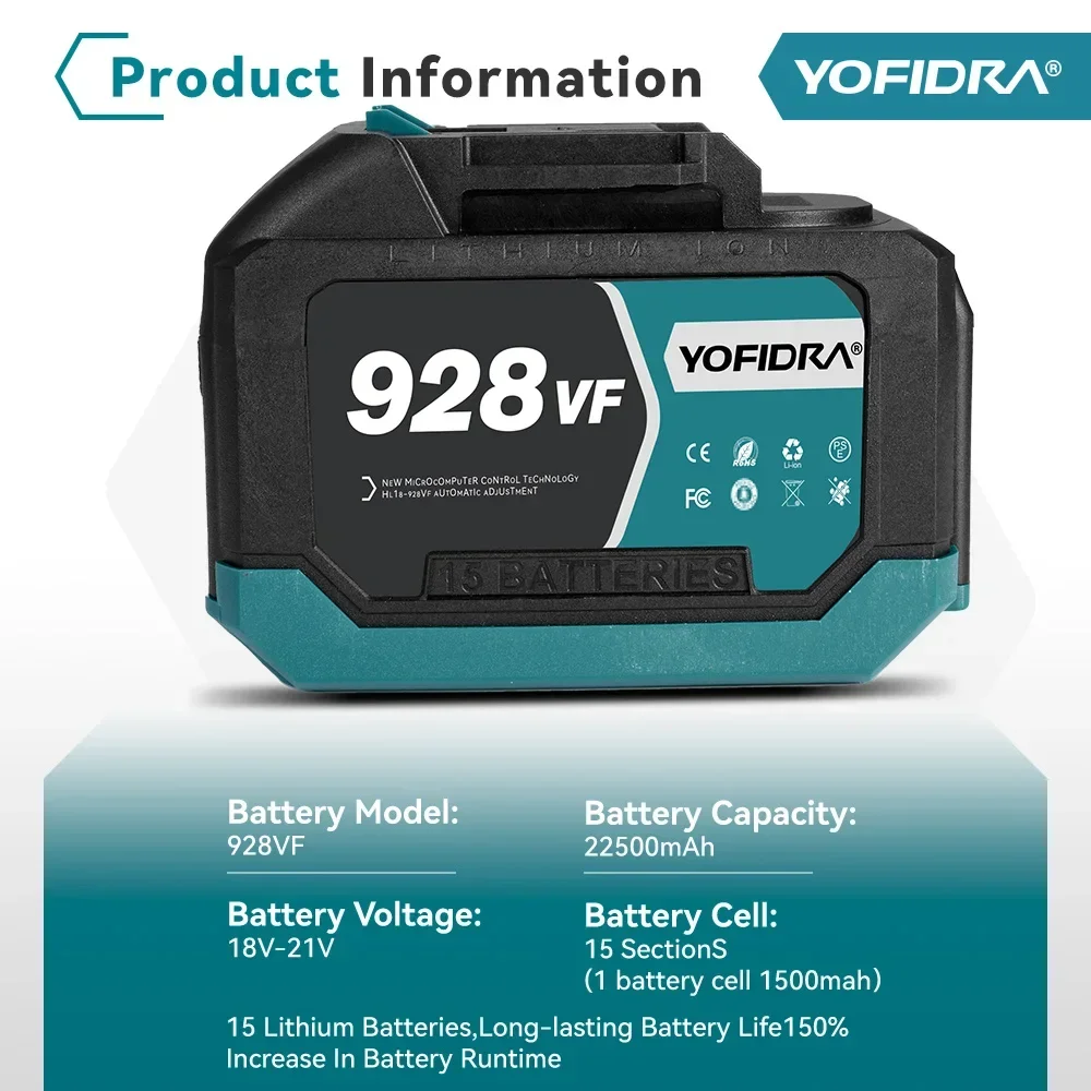 YOFIDRA Rechargeable Lithium Battery 388VF 928VF 22500mAh 15000mAh Li-ion Compatible with Electric Chainsaw Drill Wrench Power Tool - Image 3