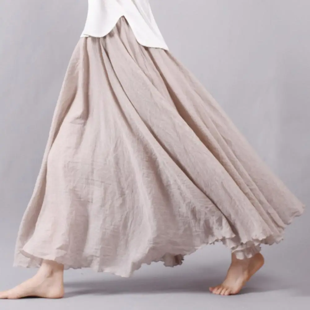 

Women Casual Cotton Linen Maxi Skirt Elastic Waist Solid Color Long Skirt Ethnic Style Large Flowy Hem A-Line Beach Skirts