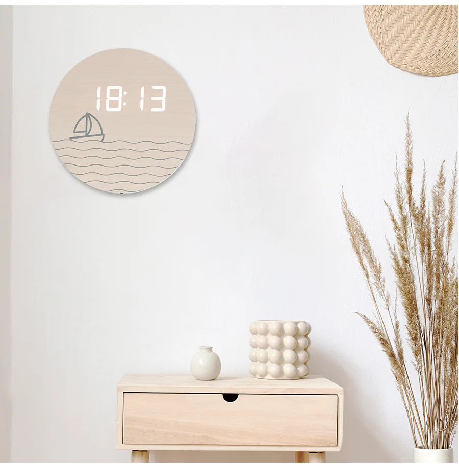 Home Living Room Decor Wooden LED Digital Wall Clock Modern Home Decoration Creative Round Electronic Clock Desktop Accessories