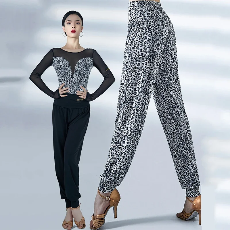 

2024 Women Latin Dance Pants Practice Clothing ChaCha Samba Rumba Ballroom Dance Wear Loose Latin Trousers Black Leopard BL8328