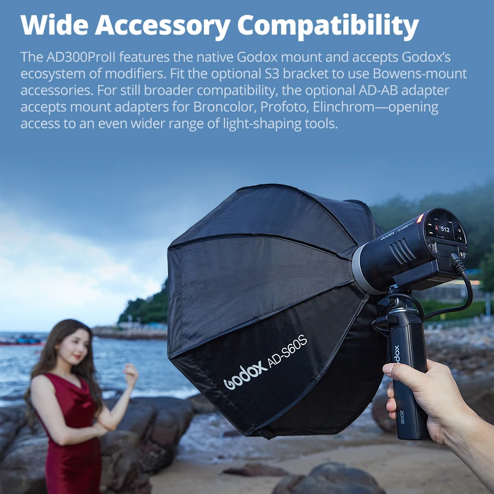 Godox AD300Pro II 올인원 야외 플래시 스트로브 라이트 TTL 2.4G 1/8000s HSS 배터리 포함