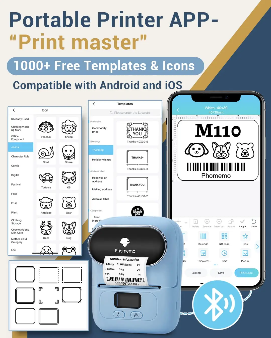 Thermal Wireless Label Printer Etiqueta Mini Impressora Código de Barras Bluetooth Label Maker Impressoras Price Tag App Gratuito Phomemo-m110 - Imagem 3