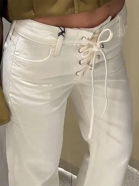 Elegant Women's Low Rise White Denim Jeans With Waist-Tie Design Comfortable Fit Straight Leg Pant Casual Daily Female Trousers 2