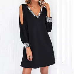 Women Elegant Evening Wedding Sequins Dress Sexy Lace V-neck Long Sleeve Black Dresses Off The Shoulder Party Dresses Vestidos