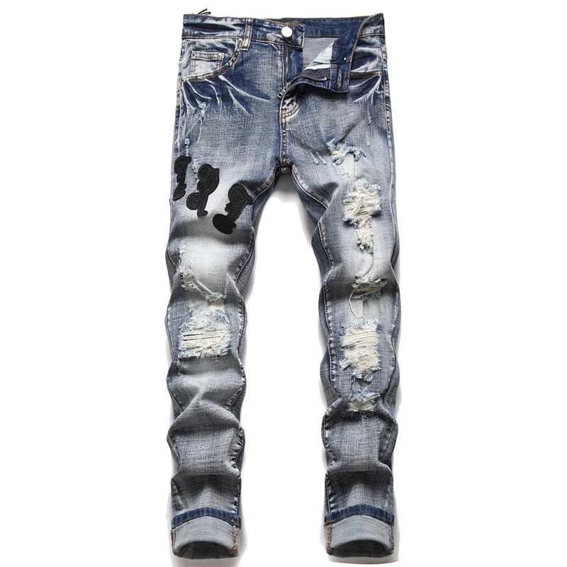 Alta Qualidade Carta Estrela Jean Homens Bordados Patchwork Rasgado Jeans Para Homens Tendência Marca Motocicleta Calça Mens Jean Skinny