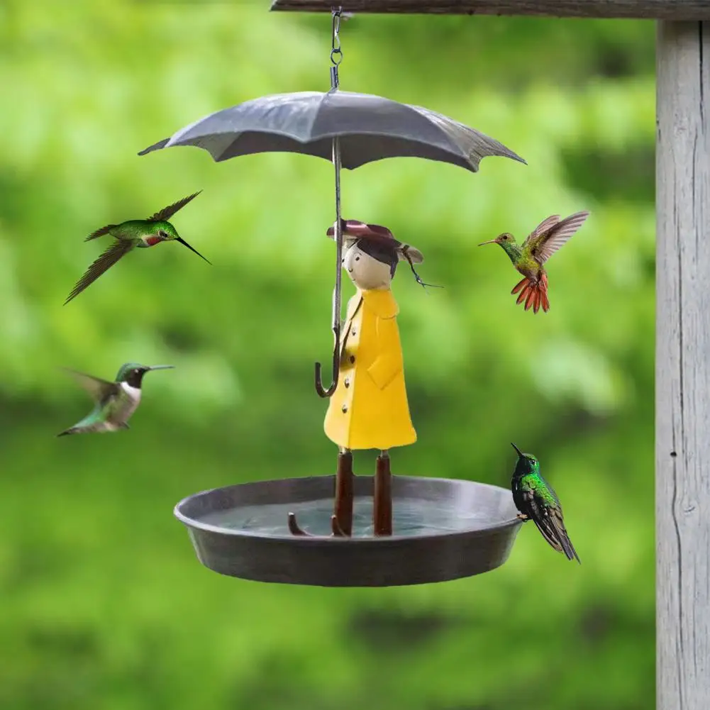 

Hanging Bird Feeder Set with Metal Chain Umbrella Girl Design Light Metal Bird Feeders with Brush for Outdoor Garden Decoration