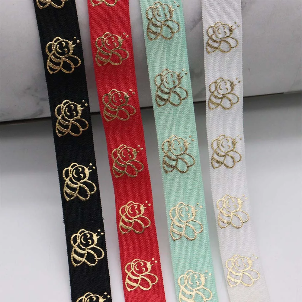 

5/8" 15MM Gold Foil Little Bee Printed Fold Over Elastic FOE Ribbon For Hair Tie Headwear Summer Hair Accessories