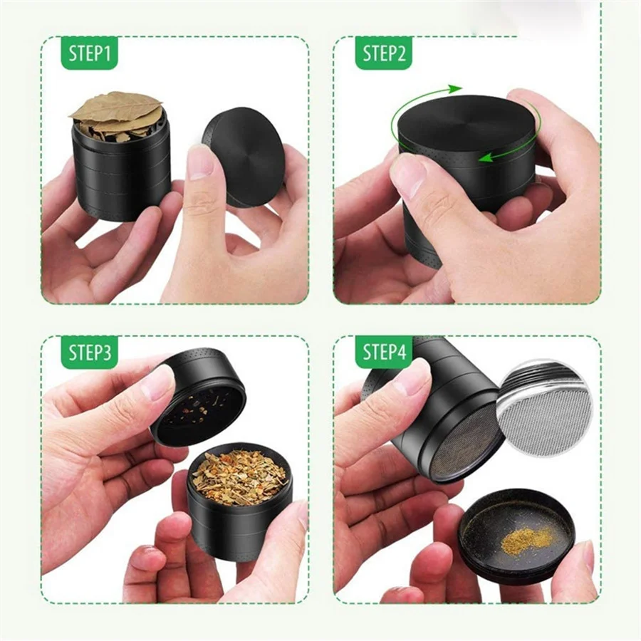 [5 Piece] Spice Herb Grinder with Pollen Catcher, 2.1 Inch, Metal Black 55mm