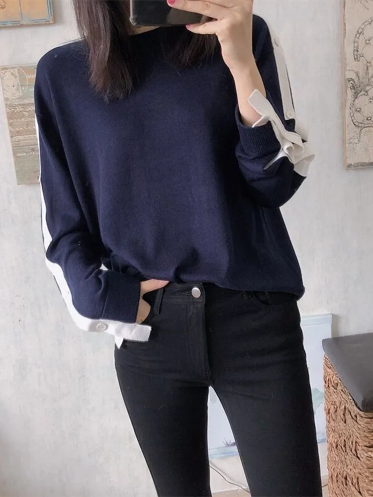 2023 Autumn And Winter New Women O Neck Color Patchwork Trim Loose ...
