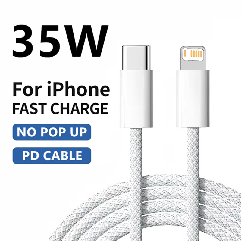 Câble PD de Charge rapide tressé 35W, pour iPhone 13 14 Pro Max 11 12 mini X XR XS Max 7 8 Plus, câbles de données USB-C de Charge rapide 1m 2m