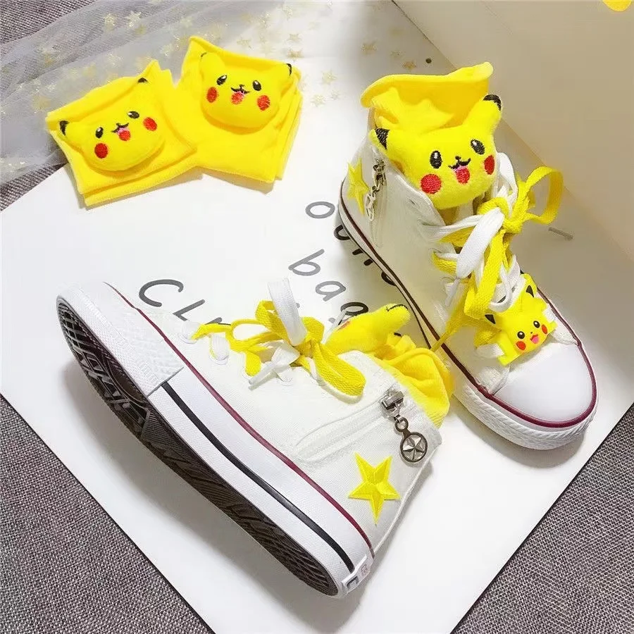 Spring Autumn New Pikachu branded High Top Canvas Shoes Parent Child Shoes Small Large Children's Korean Embroidered Board Shoes