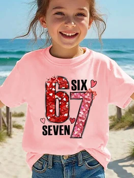 Girls Fashion Short Sleeve T-Shirt SIX SEVEN Coquette Bow Heart Number Cartoon Print T Shirt Kids Casual O Neck 67 Trend Y2K Top 1