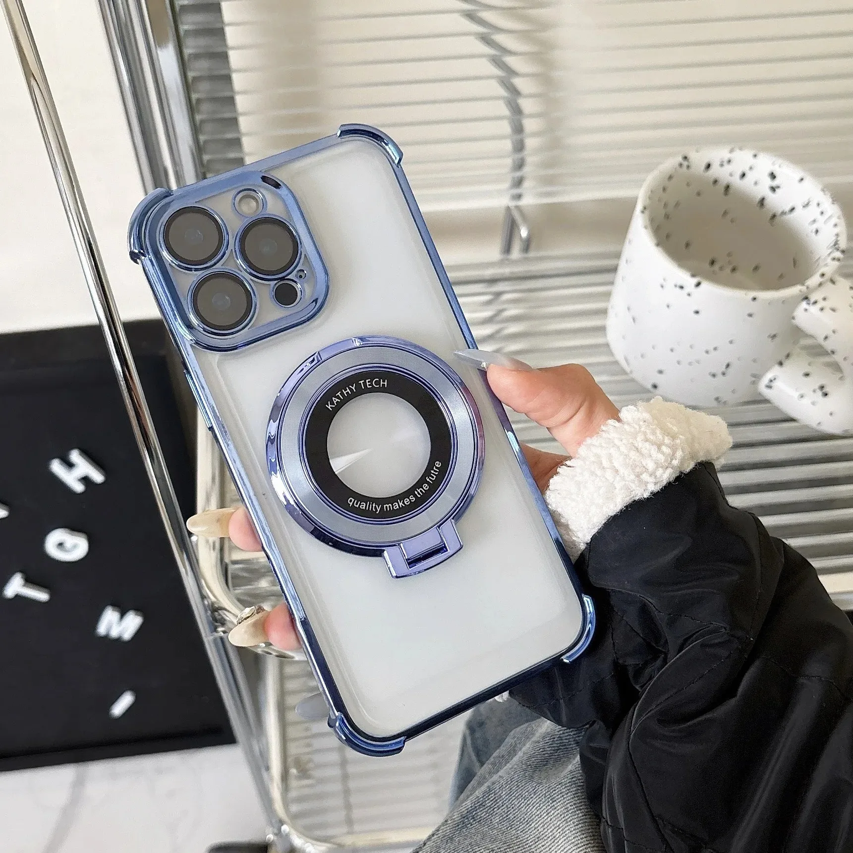 Fashion Plating Shockproof Magnetic Bracket Case with Stand Holder and Clear Cover